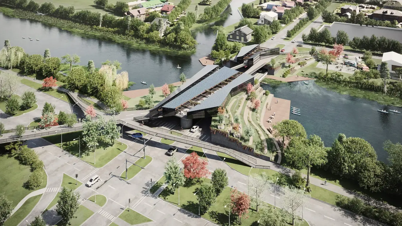 Mixed-use development aerial 3D rendering