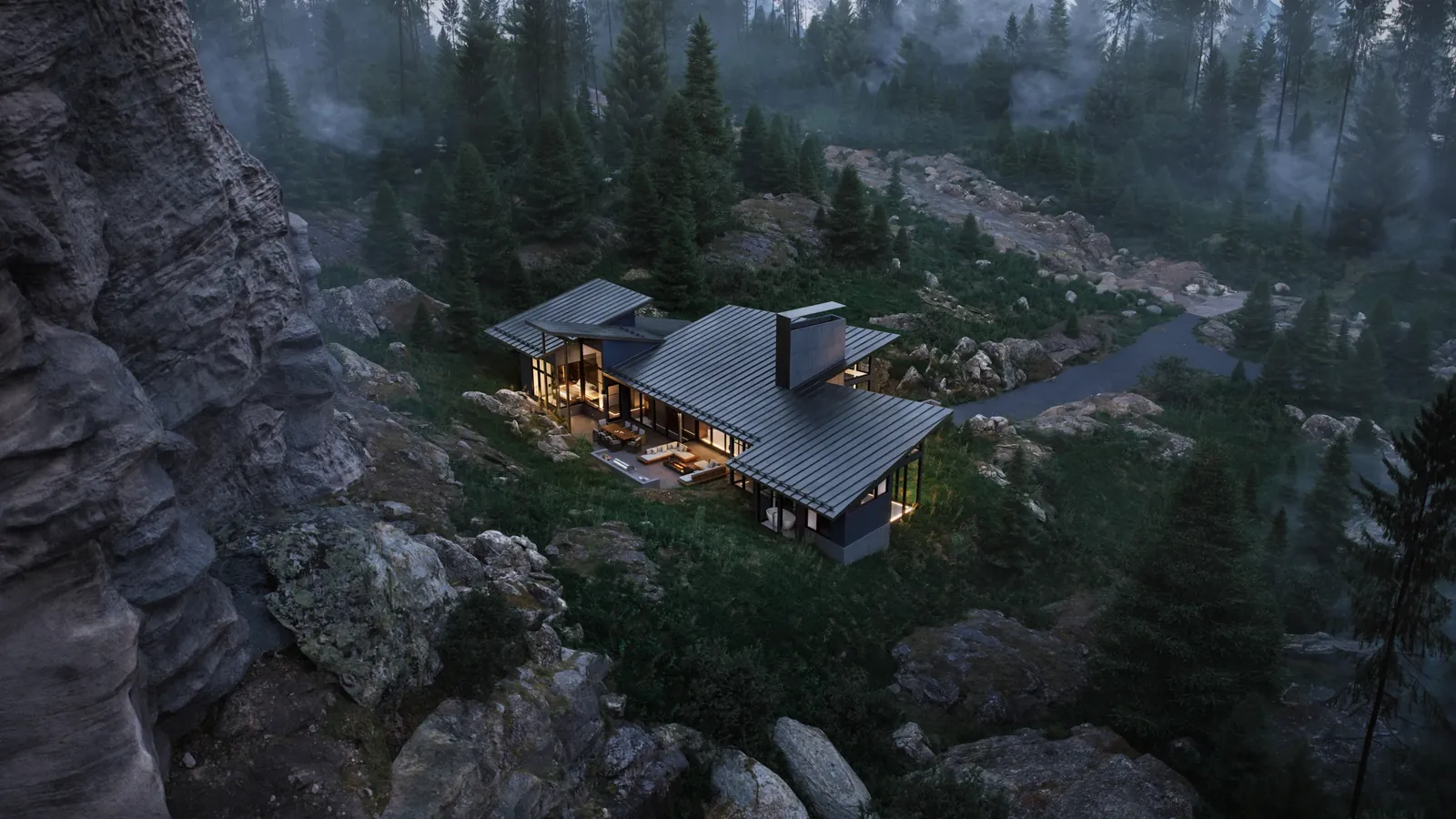 Eye-level twilight hero-shot 3D rendering of a modern house exterior